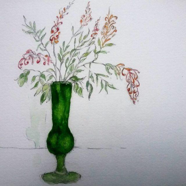 vintage glass vase with the last silkyoakflowers watercolours